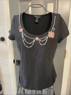 White House Black Market Black Short Sleeve Tee with Coral Beaded Embellishment